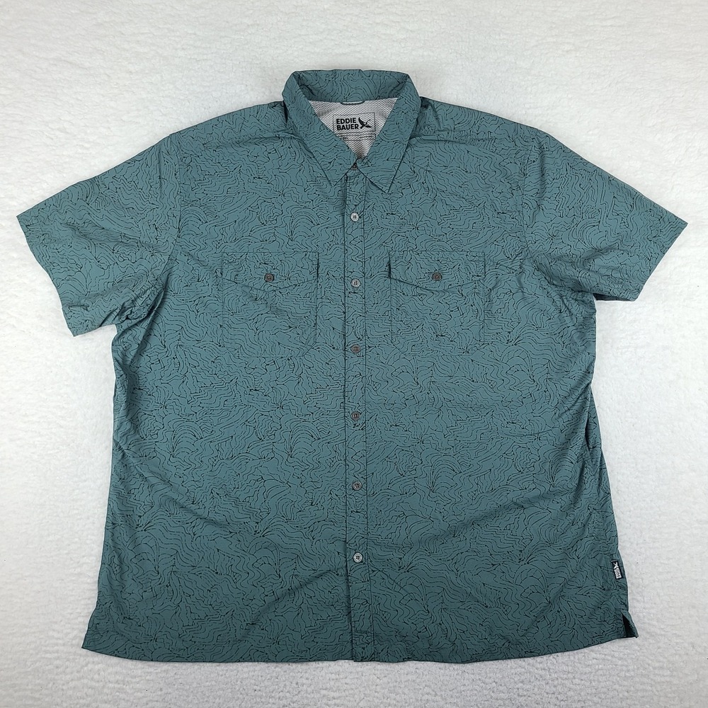 Eddie Bauer Shirt Mens 2XL XXL Black Green Vented Preppy Hawaiian Button Up